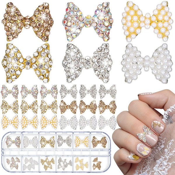 24 Pieces Valentine's Day 3D Nail Bows Charms Rhinestones 3D Nail Charms Nail Bow Charms Alloy Pearl Bowknot Nail Accessory for Women Girls Nail Salon DIY Nail Decorations (Assorted Colors)