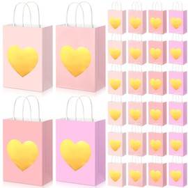 Humyoun 24 Pcs Pink Gift Bags with Glitter Gold Heart Metallic Heart Gift Bags Bulk with Handles 5.9 x 3.15 x 8.27'' Heart Kraft Paper Bags for Wedding Birthday Anniversary Holiday Guests Party