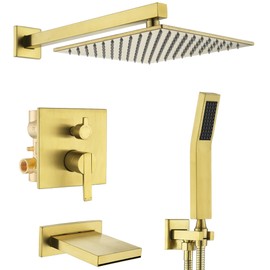 Gold Shower System with Tub Spout, All Metal Bathtub Shower Faucet Set with High Pressure 10 Inch Rain Shower Head and Handheld Shower Head Set, Brushed Gold (Valve Include)