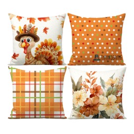FUYUCHEN Thanksgiving Pillow Covers 18x18 Inch Turkey Flowers Polka Dots Buffalo Plaid Throw Pillow Cases for Harvest Fall Holiday Farmhouse Decorations Sofa Couch Set of 4