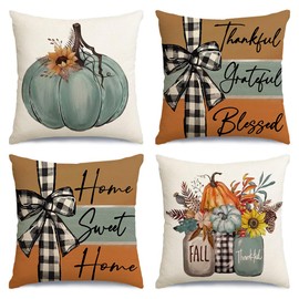RABUSOFA Fall Decor Pillow Covers 18x18 Inch Set of 4,Aqua Fall Decorations for Home Thanksgiving Pumpkin Decor,Harvest Floral Autumn Fall Outdoor Pillows for Couch Patio