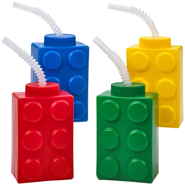 Building Blocks Cups with Straw & Lid - (Pack of 4) Reusable Brick Party Kids Cup for Block Birthday Party Supplies and Favors