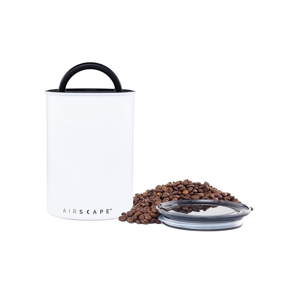 Planetary Design Airscape Stainless Steel Coffee Canister | Food Storage Container | Patented Airtight Lid | Push Out Excess Air Preserve Food Freshness (Medium, Matte White)