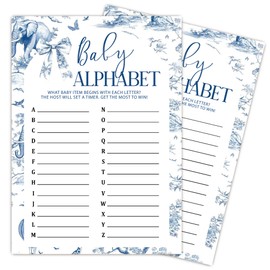 MXLINSW Alphabet Baby Shower, 25 Blue Elephant Toile Style Game Cards, 5"x7" Fill-in Alphabet Game for Baby Shower, Gender Reveal, Baby's Announcement, Party Games Activity Supplies-C03