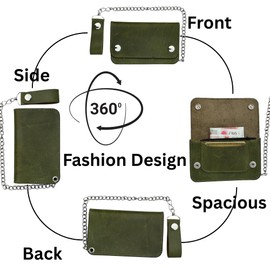 Gallanto Men’s Biker Wallet with Chain – Crazy Horse Cowhide Leather–Bifold/Trifold Men’s Wallet–13" Chain–6" & 7" Size–Leather Card Holder (Plain, Green, 6 inch)