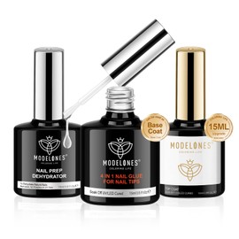 modelones 4-in-1 Nail Glue with Gel Top Coat and Nail Prep Dehydrator, 3 Pieces 15 ml Gel Nail Kit for Easy Nail Extension Gel New Upgraded from No Wipe Base and Top Coat
