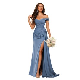 vintys Flowy Womens Off Shoulder Satin Bridesmaid Dresses Long with Slit Mermaid Ruched Dusty Blue Sweetheart Semi Formal Dresses 10