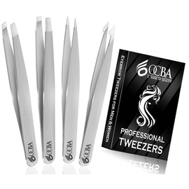 OCBA 4 Pcs Silver Tweezers for Facial Hair Women & Men for Precise Grooming of Eyebrows - Professional Stainless Steel Black Color Coated Eyebrow Tweezers for Ingrown Hair on Nose Ear (Silver)