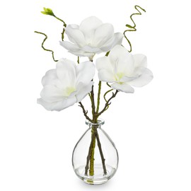 DILATATA Faux Flowers in Vase 14.5" Magnolias Flowers Arrangement with Faux Water Real Touch Flowers for Wedding Table Centerpiece Home Decor, White