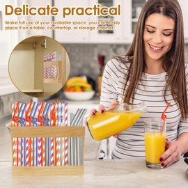 OKYMOTOR Wooden Reusable Straw Dispenser Organizer, Straw Holder with Double Sided Adhesive Tape Tumbler | Adhesive No Drill Installation | Eco-Friendly Kitchen Cabinet Organizer