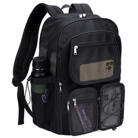 enttgo Heavy Duty Mesh Backpack for School Mesh Bookbag See Through for Beach, Travel(Black-L)