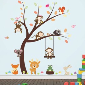 KELAI & craft art decor Beautiful Tree Animal Wall Decals, Removable Cartoon Animal Monkey Owls Bear Deer Wall Stickers for Kids Room Children's Bedroom Home Decoration (#1)