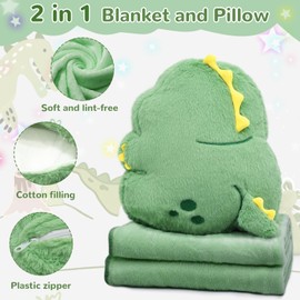 Cyiecw Travel Pillow Blanket 2-in-1, 100 x 170 cm Travel Blanket and Pillow Set, Nap Plush Transformation Pillow, Cuddly Blanket for Children and Adults (Dinosaur)