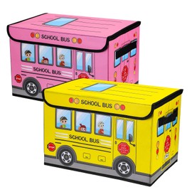 Sweetude 2 Pcs School Bus Treasure Box for Classroom, Foldable Chest Storage Box Toy Box Chest with Lid Treasure Storage Organizer Bin for Kids Teachers Toy Prizes Awards for Students (Yellow, Pink)