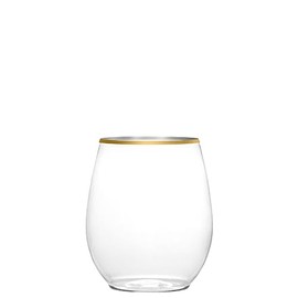 EcoQuality 12 oz Clear Plastic Stemless Wine Glasses with Gold Rim, Disposable Unbreakable Shatterproof Elegant and Reusable Wine Tumbler for Partys, Weddings, Ideal for Indoor or Outdoor Events (12)