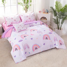 BYHOFMLY Full Size Bedding Sets for Girls 6Pcs Pink Purple Rainbow Kids Comforter Set with Sheets Moon Heart Print on White Teen Girl Bed in A Bag (Rainbow, Full)