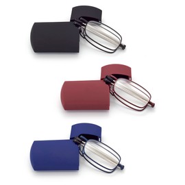 HIGHLIKE 3-Pack Hard Cases Folding Reading Glasses, Pocket Wallet Purse Compact Spring Hinge Readers, Transparent Clear Lens Black Blue Red 3.5 x