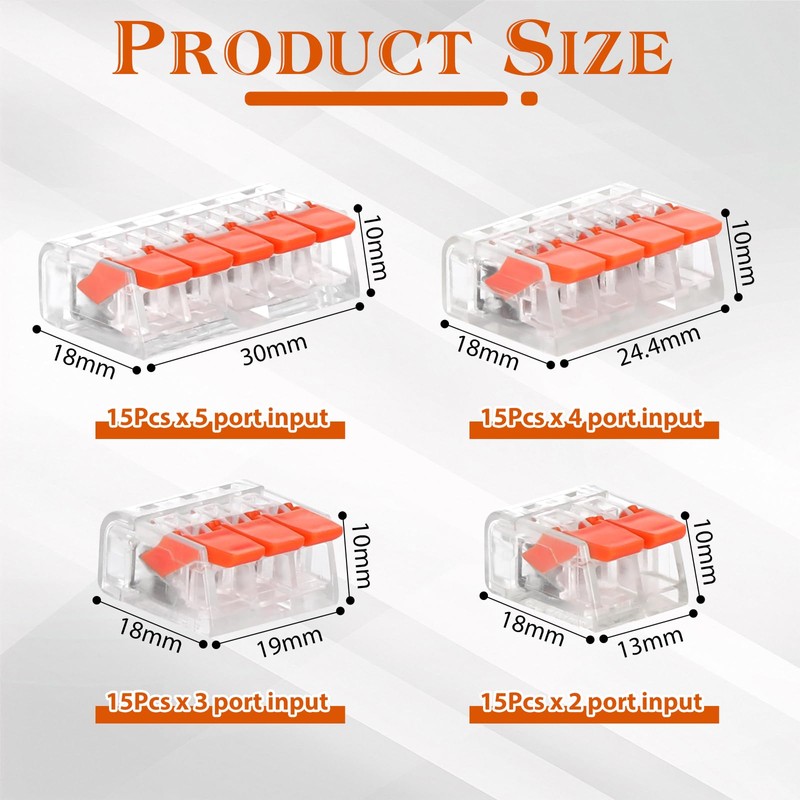 Pack of 60 Cable Connectors, 2-Pin 3-Pin 4-Pin and 5-Pin