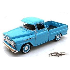 Diecast Car & Trailer Package - 1958 Chevy Apache Fleetside Pickup Truck, Light Blue - Motormax 79311 - 1/24 Scale Diecast Model Toy Car w/Trailer