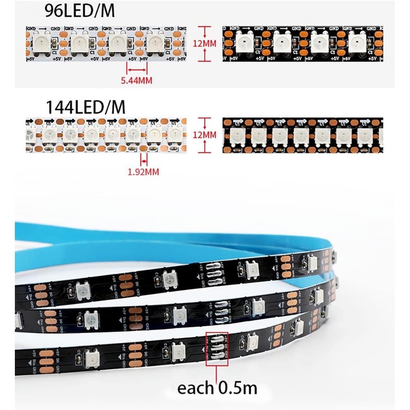 DC5V WS2812 WS2812B LED Strip Black White PCB 30/60/74/96/144LEDS/M RGB