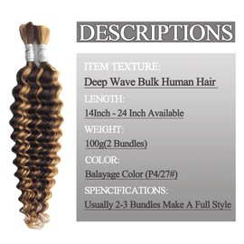 Human Braiding Hair For Boho Braids P4/27# Balayage 12A Deep Wave Bulk Human Hair 14 Inch 100g/2Bundles Deep Wave Bulk Human Hair For Braiding No Weft Wet And Wavy Human Hair Extensions