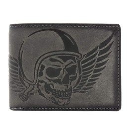 Jockey Club Genuine Leather Biker Wallet Horizontal Hunter Leather Wallet Skull Wing of Hell with RFID Protection, darkgray, coin purse
