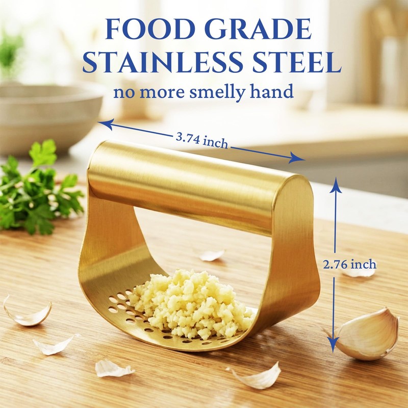 Gold Stainless Steel Garlic Press Rocker Set with Garlic Peeler