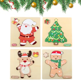 Durdiiy 4 Pcs Wooden Jigsaw Puzzle, Christmas Toddlers Puzzles, Santa Claus, Christmas Tree, Christmas Snowman, Elk Educational Learning Kids Toys for Girls Boys Gifts, Babies Development Game