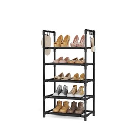 LANTEFUL 5 Tiers Shoe Rack 10-12 Pairs Boots Organizer Storage Sturdy Narrow Shoe Shelf for Entryway, Closets with Hooks, Black