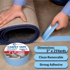 Carpet Tape, Double Sided Rug Tape, Secure Rugs to Hardwood, Laminate, Tile, Carpet, Carpet Grip Tape, Removable Carpet Tape, No damage on carpet, rug or floor, (MADE IN USA), Creme, (3" x 25 Yard)