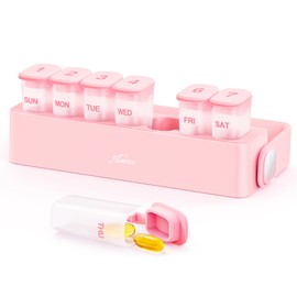 AMOOS Weekly Pill Organizer with Locking Mechanism, Travel Damp-Proof Pill Box Case 7 Day to Hold Vitamins, Fish Oils, Supplements, Transparent Inner Medication Organizer for Pocket, Purse, BPA-Free