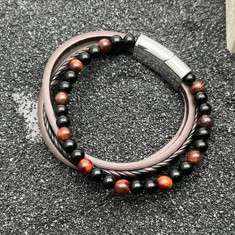 Casisto.J Men's Leather Bracelet, Braided Leather Beads, Stainless Steel, Black,