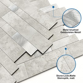 MOFIT Backsplash Tile for Kitchen Peel and Stick Stone Matte Finish,Bathroom Tiles Stickers 3D Wall Panel Linear Mosaic Marble Backsplash Waterproof(10sheets,Cement Grey)