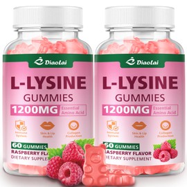 DIAOLAI L-Lysine 1200mg Gummies, Chewable Lysine Supplement for Adults, Immune Support, Collagen Formation Support, Lip & Skin Health, Vegan, Raspberry Flavor, 120 Count