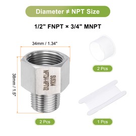 sourcing map 2 Pcs Pipe Fittings Reducer Adapter 1/2" NPT Male Pipe x 3/4" NPT Female Pipe Stainless Steel Adapter Pressure Gauge Connector for Oil Air Gas Hydraulic Systems