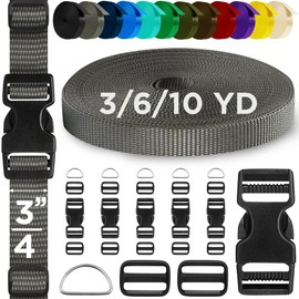 TECEUM Buckles & Strap Kit – 3/4" Charcoal Nylon Webbing 6 (yd) – 6 Heavy Duty Adjustable Plastic Buckles – 12 Tri-Glide Slide Clips – 3 Metal D-Ring – Ideal Straps for Arts Crafts Outdoors Indoors
