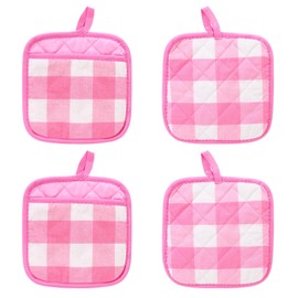BangBoom 4 Pieces Checked Pot Holders Set, Heat Resistant Oven Mitts Pads with Pocket, Non-Slip Potholders for Kitchens Clearance Backing Cooking Countertop Decor Accessories (White, Pink)