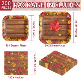 200Pcs Fall Party Decorations Watercolor Autumn Maple Leaves Paper Plates and Napkins Thanksgiving Wooden Grain Tableware Sets for Holiday Harvest Birthday Wedding Dinner Party Supplies Serves 50