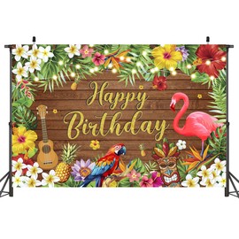 YooQoo 71x47 inch Summer Happy Birthday Backdrops Banners Hawaiian Tropical Flamingo Floral Palm Leaves Birthday Photo Backgrounds Colorful Summer Themed Happy Birthday Sign Decorations Supplies