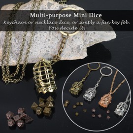 Mini Metal DND Dice Set with Exquisite Copper Hollow Bird cage Necklace Dice Case Antique Tiny Metal Dice Set D&D Keychain Portable 7PCS Dice Set