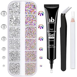 Nail Art Rhinestone Glue Gel&Flatback Gems Accessories Kit, 1 Tube of 15ml Rhinestone Gel Glue(UV/LED Needed)+1 Box of Flat-back Round Glass Crystal AB&Clear Gemstones with Pickup Pencil And Tweezer