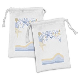 Ambesonne Starfish Fabric Pouch Set of 2, Wavy Stripes in the Ocean Inspired Design Starfishes Sky Aquatic Sea Life Theme, Small Drawstring Bag for Toiletries Masks and Favors, 9" x 6", Multicolor