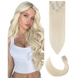 SLEEKALON Human Hair Extensions Clip in Real Hair Remy #60 Platinum Blonde - 12 Inch 55 Gram 8 Pcs Invisible Full Head Weft Straight