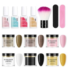 RoseFlower Dipping Powder Nails Kit, 6 Colors Nude Dip Nails Powder Starter Kit with Base Coat, Top Coat, Dusting Brush, Nail File - DIY Salon Manicure at Home - Shiny Shiny for 3 Weeks