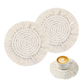Boho Macrame Coasters Set of 2,Absorbent Coaster for Drinks, Round Handmade Woven Coasters for Boho Home Decor, CupCoasters for Office Desk, Kitchen, Dining Room, Bar (R-Beige(2pcs)/7.4in)