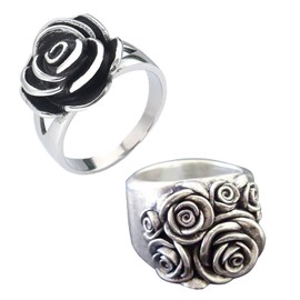Ecooon 2pcs Vintage rose ring pack for women, 3D 925 Sterling Silver flower ring Promise Statement wedding anniversary Cocktail Party Chunky band Ring Jewelry