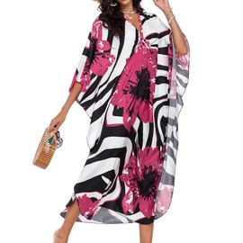 JILUVIN Kaftan Dresses for Women V Neck Caftans Long Batwing Sleeve Beach Cover Ups Summer Floral Print Dress (Rosy Red Flower,One Size)