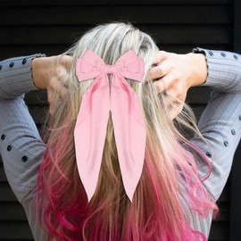 Hair Bows for Women Silky Satin Hair Bow Big Hair Bows Clips for Girls Oversized Long-tail Bow Hair Clips Fashion Aesthetic Hair Accessories 3PCS (White Pink Black)