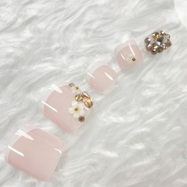 Flower Press on Toenails French Tips Fake Toe Nails Pink False Toenails Glossy Full Cover Acrylic Toenails with Design Rhinestones Toe Press on Nails Toe Nail Press ons for Women Manicure 24Pcs