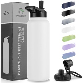 DOMICARE 40 oz Insulated Water Bottle, Vacuum Insulated Stainless Steel Sports Water Bottle with Straw Lid & Spout Lid, Leakproof, Reusable - Travel, Camping, Bike, White